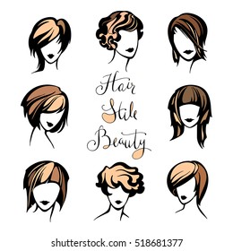 
Color Vector Set Of Stylized Logo With Women's Hairstyles, Stylish Collection Of Fashionable Hairstyles For Short Hair For Beauty