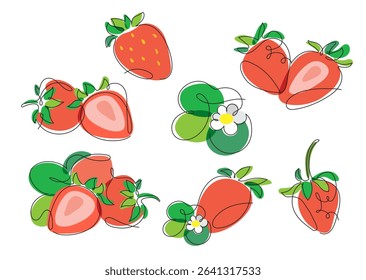 Color vector set of stylized strawberries in one line technique