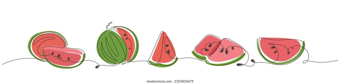 Color vector set of stylized watermelon in one line technique