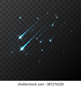 Color vector shooting stars falling stars meteor and comet on transparent plaid background. Fall star in space, fantasy science in cosmos, asteroid color in galaxy