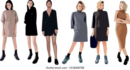 Color vector silhouette of beautiful ladies, front back view perfect to include in your architecture projects, renders, sketches or plans.