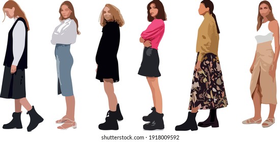 Color vector silhouette of beautiful ladies, front back view perfect to include in your architecture projects, renders, sketches or plans.