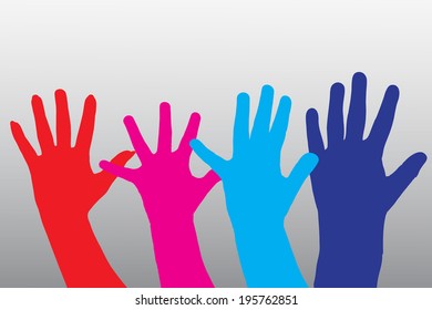 Color vector silhouettes of different hands on gray background.