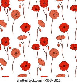 color vector simple  illustration of decorative poppy flower  simple seamless pattern on white background