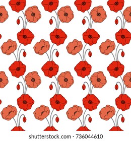color vector simple  illustration of decorative poppy flower seamless pattern on white background