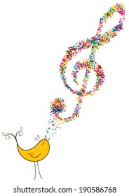 color vector singing bird with bright clef made of music notes
