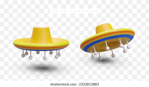 Color vector sombrero with ball fringe. Realistic national headdress. Traditional Mexican wide brimmed hat. Festive accessory. Isolated object, view from different sides