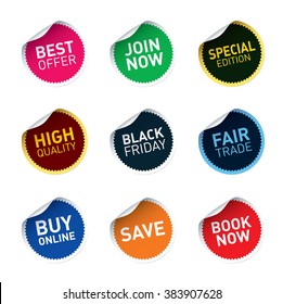 Color vector stickers SAVE, FAIR TRADE, JOIN NOW, BEST OFFER, High Quality. Isolated outline graphic elements and Illustration. Stamp for product.
