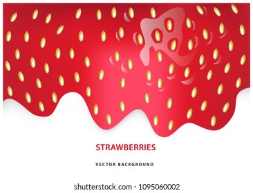 Color vector strawberry background. Realistic macro strawberry illustration with splatters and place for your text. Detail red strawberry surface.