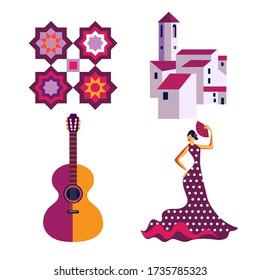 color vector stylized vector icons with white andalusian town and woman dancing flamenco