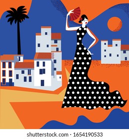 color vector stylized illustration with white andalusian town and woman dancing flamenco