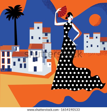 color vector stylized illustration with white andalusian town and woman dancing flamenco