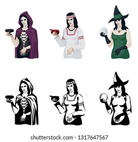 color vector stylized illustration-a set of witches in ethnic clothes of Eastern and Western Europe