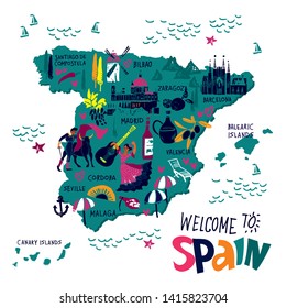 Color vector stylized map of Spain. Travel illustration with spanish landmarks, people, food and plants for tourist guide and poster drawn by hand on white background. Vector illustration