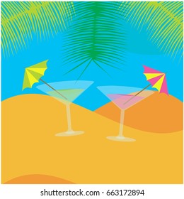 color vector summer holidays background, bright cartoon scene of drinks on sandy beach under palms