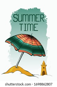 Color vector summer poster with umbrella and sandcastle