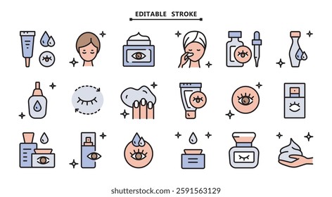 Color vector symbols for targeted eye area treatments and serums. Ideal for creating engaging social media content for beauty brands, step-by-step guides for skincare apps, and product catalogs for cosmetic retailers.
