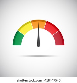 Color vector tachometer, flowmeter with indicator in orange part, speedometer and performance measurement icon, illustration for your website, infographic and apps