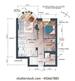 Color Vector Technical Drawing Of Abstract Interior Concept. Professional Architectural Background