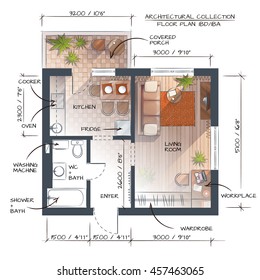 Color Vector Technical Drawing Of Abstract Interior Concept. Professional Architectural Background