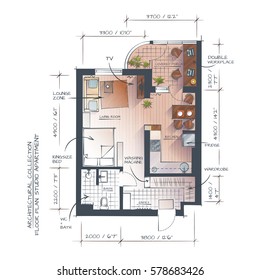 Color Vector Technical Drawing Of Abstract Interior Concept. Professional Architectural Background