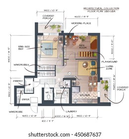 Color Vector Technical Illustration Of Abstract Interior Concept. Professional Architectural 