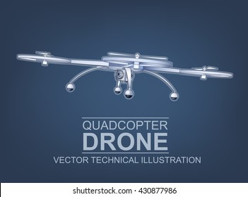 Color Vector Technical Illustration Of Modern Quad Copter Drone Concept With Mounted Digital Camera 