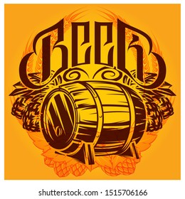 Color vector template on the alcohol theme with a barrel, hops, spikelets.