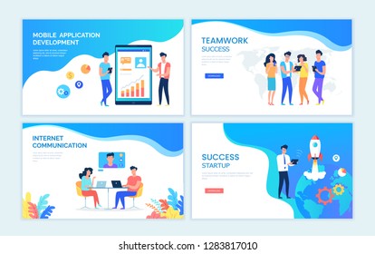 Color vector templates for web design. People working process, teamwork communication, internet connection, startup project and mobile technology