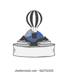 Color vector tourism logo with the image of a balloon banner tape for lettering and blue mountains on the general background.