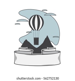 Color vector tourism logo with the image of a balloon banner tape for lettering, black mountains and clouds in the background rhythmic.