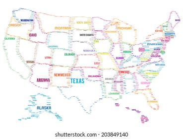 color vector USA map of words isolated on white background