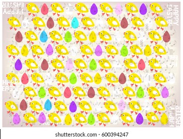 color vector vintage easter background with yellow chickens and colorful eggs on music notes background