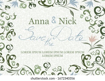 Color vector wedding card template with hand drawn floral elements