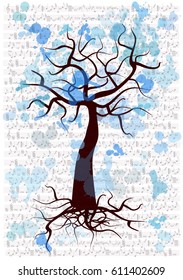 color vector winter tree illustration on vintage music notes paper with ink blots