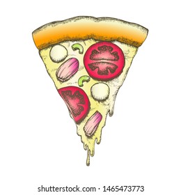 Color Vegetable Italian Slice Piece Pizza Vintage Vector. Cooked Slice Pizza With Ingredients Mushrooms And Mozzarella Cheese, Tomatoes And Olives Concept. Designed Pizzeria Food Illustration