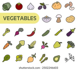 Color vegetable set illustration. The icons are colored with a stroke. Vegetables for different tastes. EPS 10