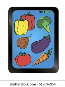 Color vegetables set on background plate. Free hand drawn. Vector illustration. Pepper, tomato, carrot, onion, eggplant, broccoli. 