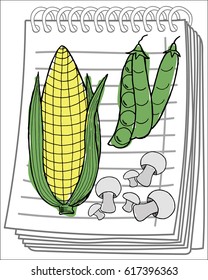Color vegetables set on notebook background. Free hand drawn. Vector illustration. Peas, 
mushrooms, corn.