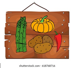 Color vegetables set on wooden plank background. Free hand drawn. Vector illustration. Asparagus, pumpkin, potato, pepper.