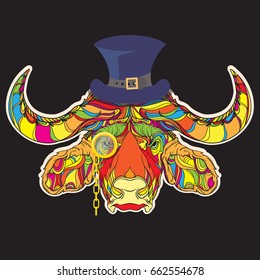 Color version of buffalo with hat and gold monocle. Buffalo head with abstract ornament. Tattoo art, vector illustration 
