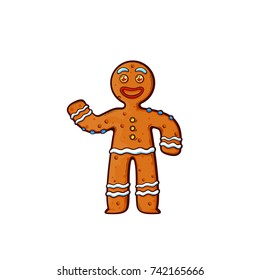 Color version of cute and funny cookie man, Gingerbread cartoon man in line art style, vector illustration isolated on white background
