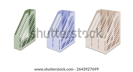 Color vertical plastic paper office tray. Realistic vector illustration, set of templates