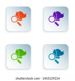 Color Veterinary clinic symbol icon isolated on white background. Magnifying glass with dog veterinary care. Pet First Aid sign. Set icons in colorful square buttons. Vector Illustration