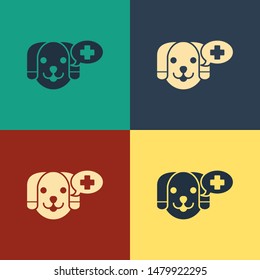 Color Veterinary clinic symbol icon isolated on color background. Cross with dog veterinary care. Pet First Aid sign. Vintage style drawing. Vector Illustration