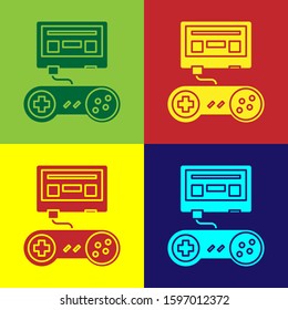 Color Video game console with joystick icon isolated on color background.  Vector Illustration