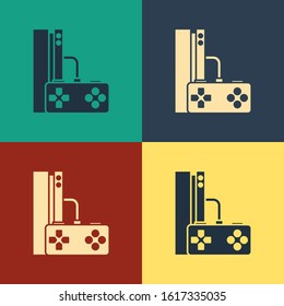Color Video game console with joystick icon isolated on color background. Vintage style drawing. Vector Illustration