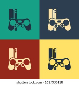 Color Video game console with joystick icon isolated on color background. Vintage style drawing. Vector Illustration