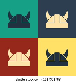 Color Viking in horned helmet icon isolated on color background. Vintage style drawing. Vector Illustration