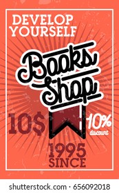 Color vintage books shop banner. Bookstore. Books, science knowledge